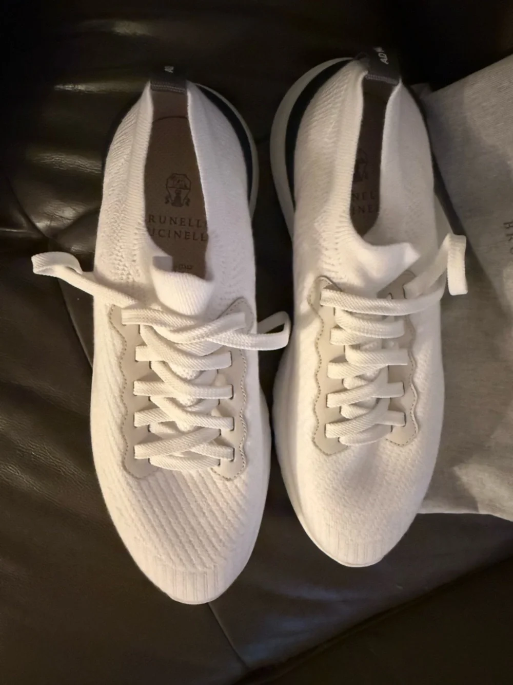 Brunello Cucinelli White Knit Sneakers with Black Heel Accent - Picture 2 of 4